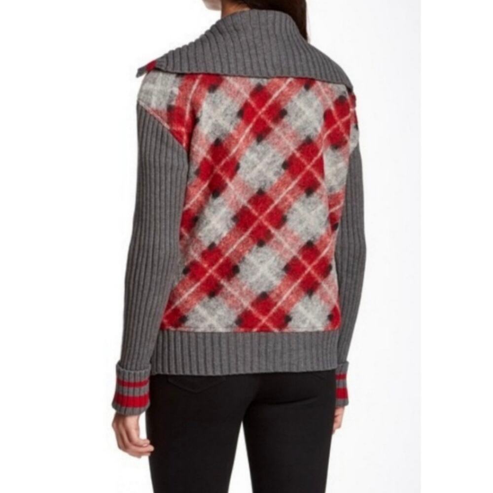 L.A.M.B Boiled Wool Cashmere Plaid Cardigan, Red/Gray, Medium - Picture 2 of 7
